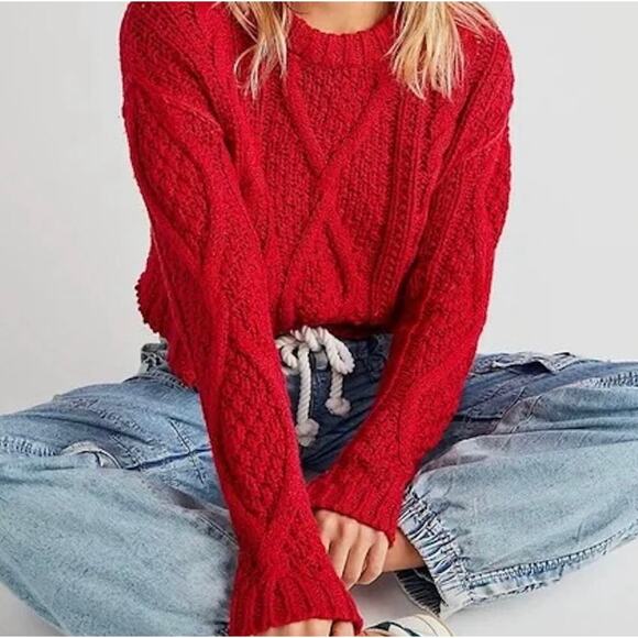 FREE PEOPLE 100% Cotton Cutting Edge Cable Cropped Slouch Crewneck Sweater small - Picture 1 of 9
